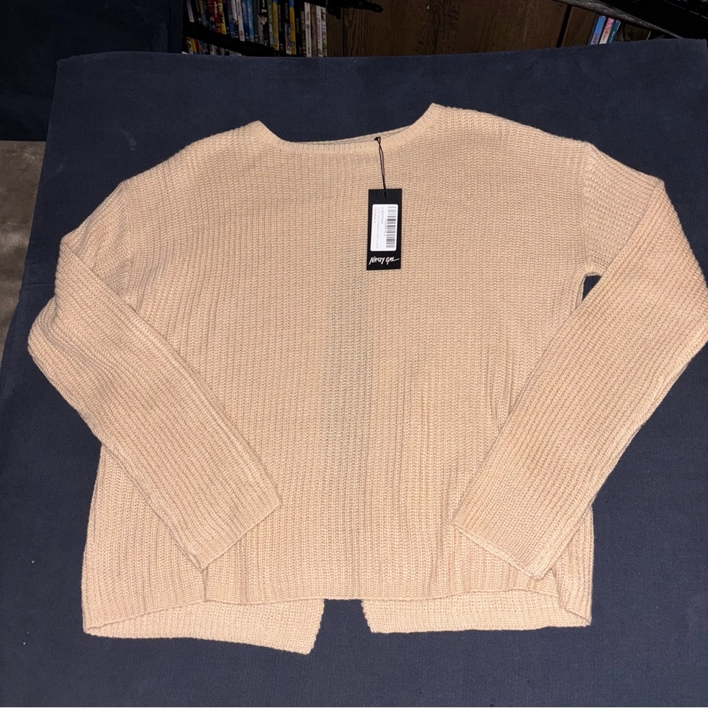 Nasty Gal Nude Beige oatmeal knit Crewneck Sweater open back